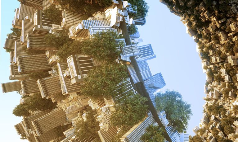 An urban environment shaped like a torus, forming a continuous ring of architecture and trees.