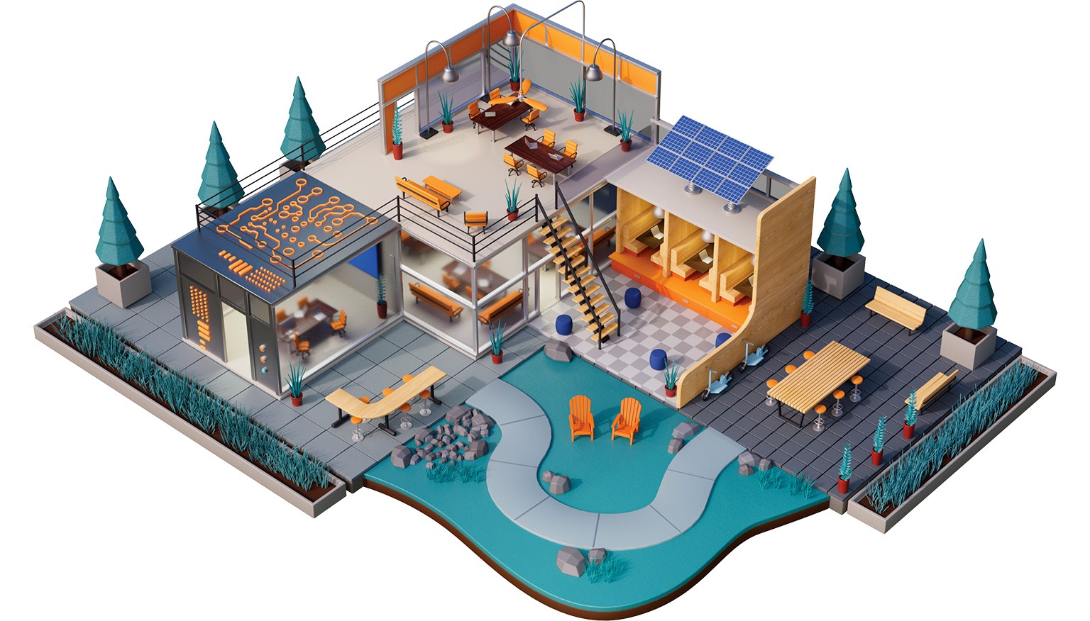 A modern interior with diverse workspaces for individuals and groups, featuring abundant plants, a cozy ambiance, and cutting-edge technology to inspire creativity and productivity.