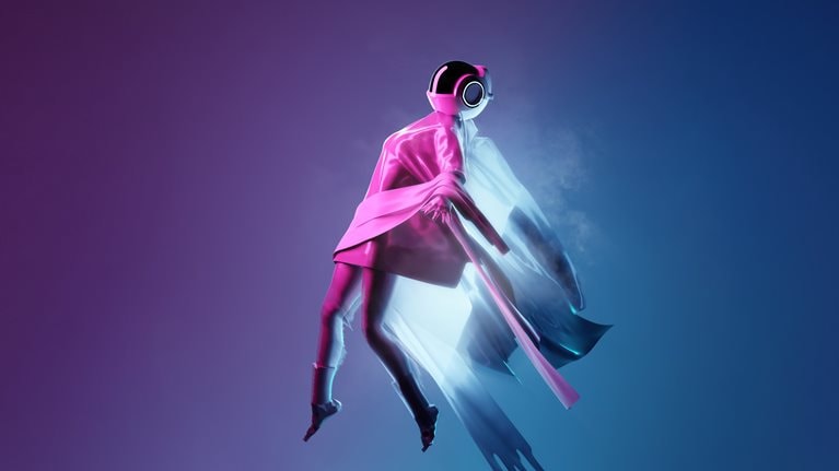 Futuristic space woman floating away
