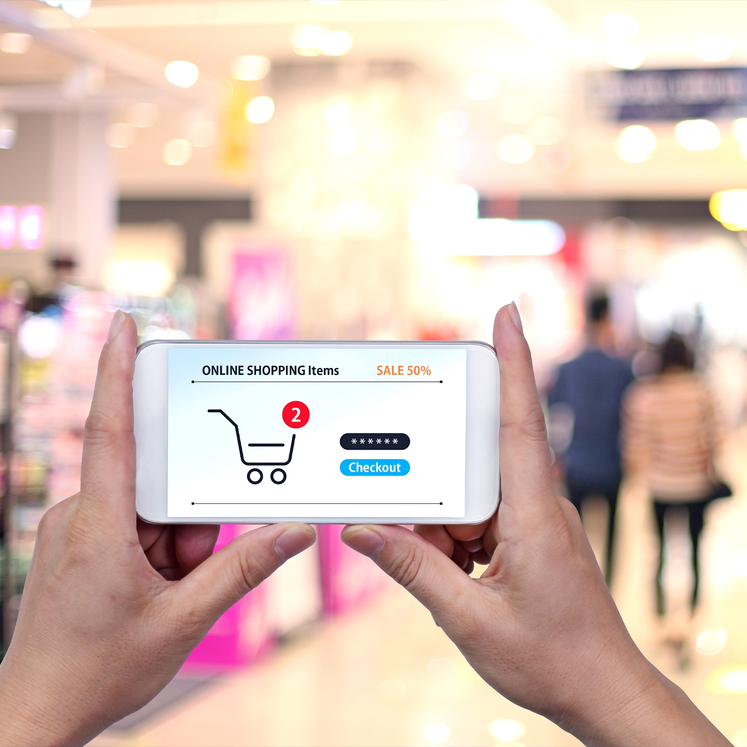 Hand touching mobile screen. online shopping - stock photo