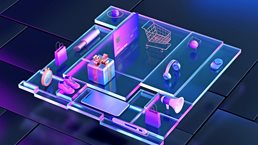 A stylized, futuristic composition shows various shopping-related items—such as a credit card, smartphone, shopping bags, and a cart—arranged in glowing compartments. The neon purple and blue lighting gives the scene a high-tech, digital commerce feel, suggesting modern or online shopping experiences.