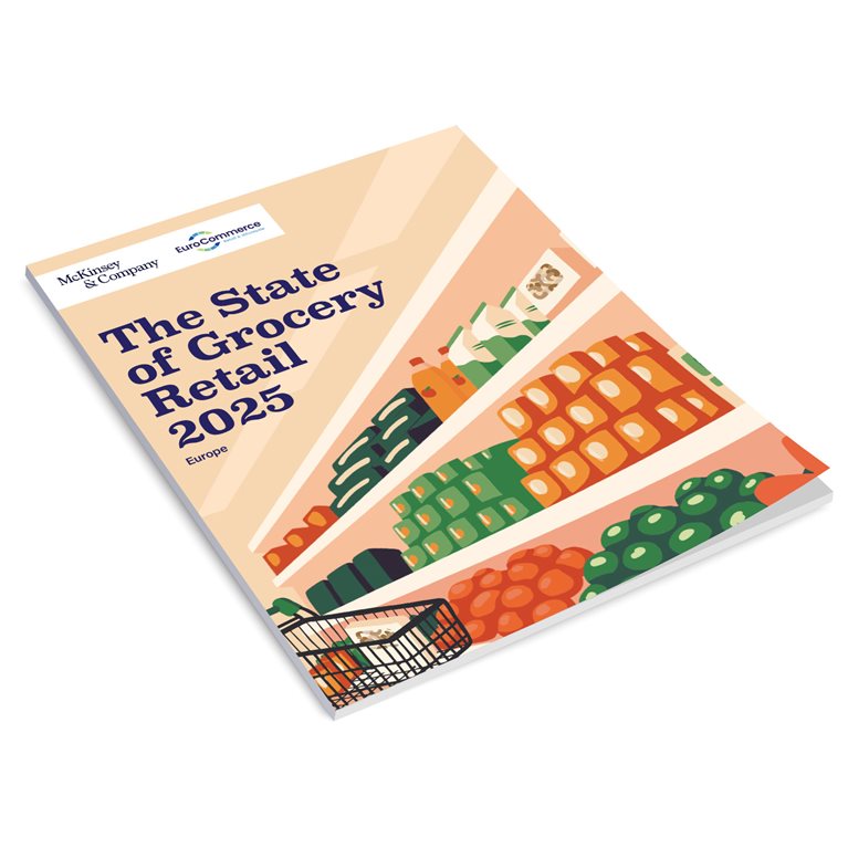 Cover art of State of Grocery Retail Europe 2025 report. Illustration of shopping cart going down grocery aisle filled with produce, canned goods, and other boxed items.