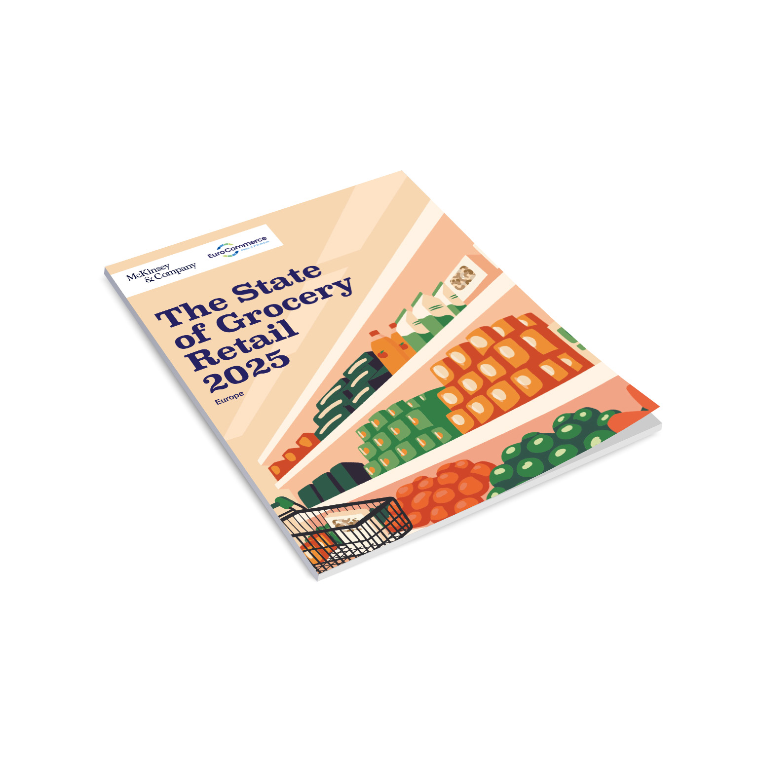Cover art of State of Grocery Retail Europe 2025 report. Illustration of shopping cart going down grocery aisle filled with produce, canned goods, and other boxed items.