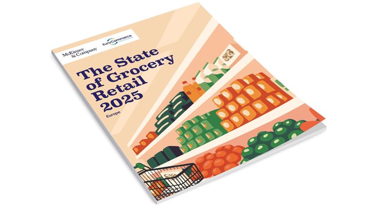 Cover art of State of Grocery Retail Europe 2025 report. Illustration of shopping cart going down grocery aisle filled with produce, canned goods, and other boxed items.