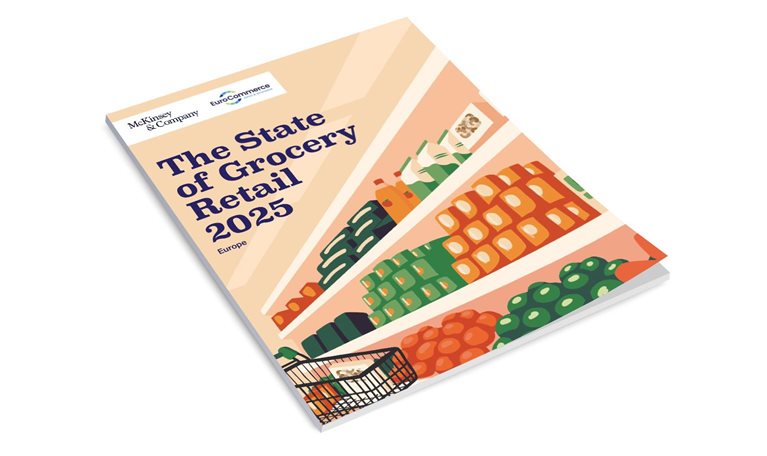 Cover art of State of Grocery Retail Europe 2025 report. Illustration of shopping cart going down grocery aisle filled with produce, canned goods, and other boxed items.