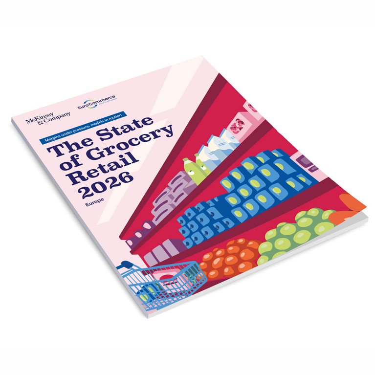 This image is the cover of The State of Grocery Retail Europe 2026, a report analyzing market trends and industry challenges.