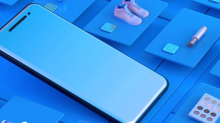 Smartphone surrounded by digital product cards displaying consumer goods and electronics.