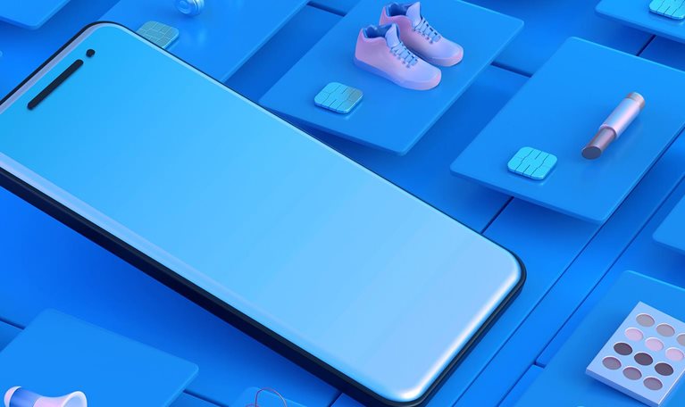 Smartphone surrounded by digital product cards displaying consumer goods and electronics.