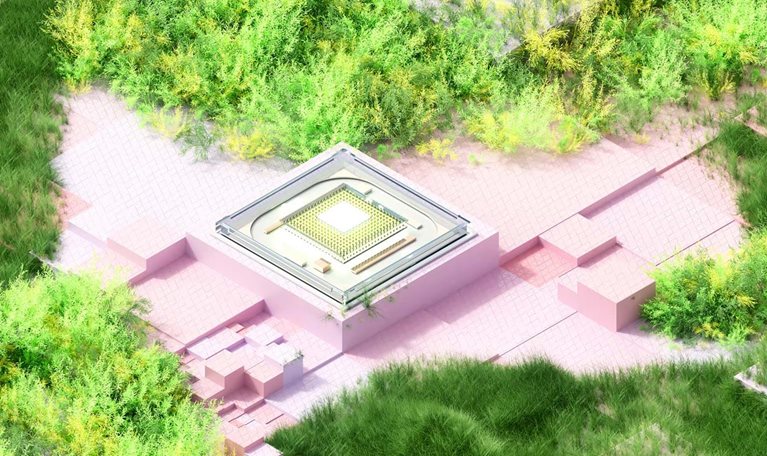 Conceptual image of glowing futuristic semiconductor, digital data flowing and lush green ecosystem.