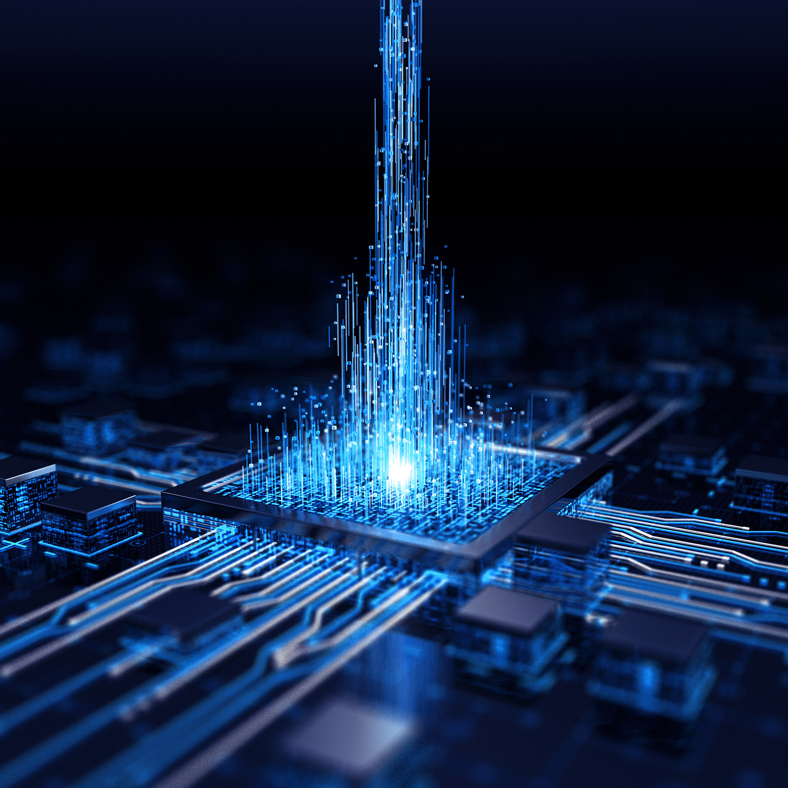 This image is a stylized, AI-generated illustration representing technological concepts like artificial intelligence, data processing, or quantum computing. It depicts a central microprocessor or chip with bright blue light emitting upwards, symbolizing high-speed data transmission or intense computational power.