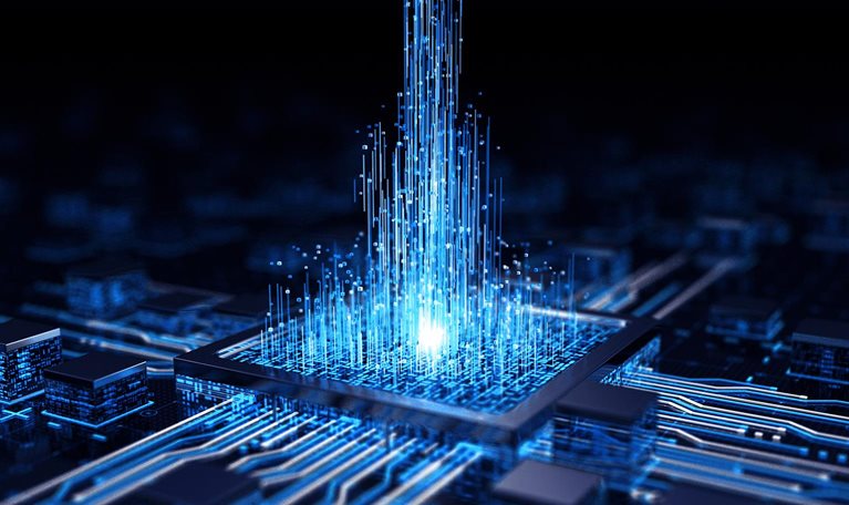 This image is a stylized, AI-generated illustration representing technological concepts like artificial intelligence, data processing, or quantum computing. It depicts a central microprocessor or chip with bright blue light emitting upwards, symbolizing high-speed data transmission or intense computational power.