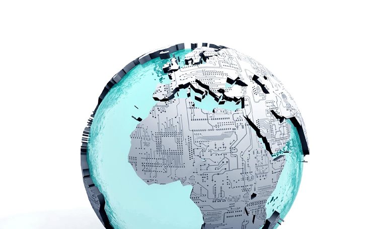 Continents embossed with computer motherboard print on a globe