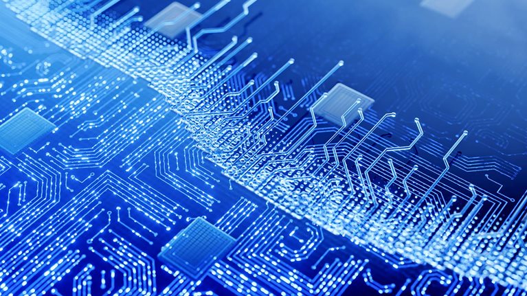 Abstract technology image of starting up circuit board and next generation semiconductors.