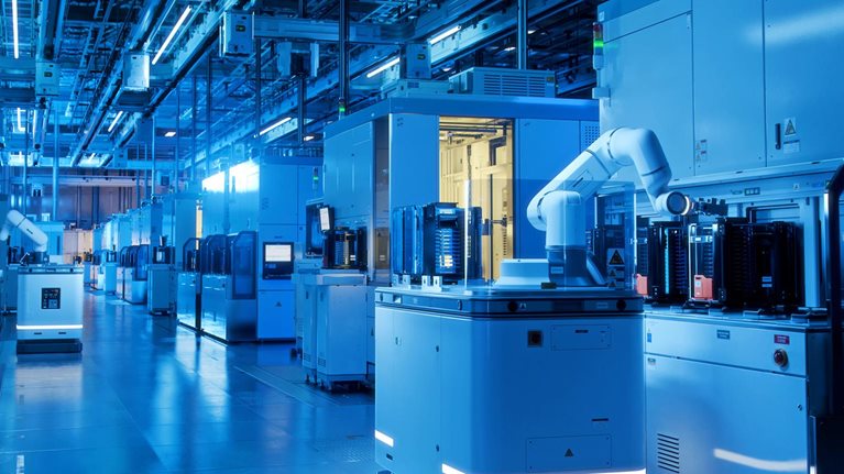 Wide shot inside advanced semiconductor production fab cleanroom