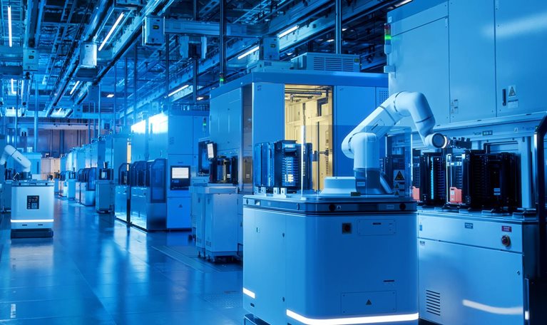 Wide shot inside advanced semiconductor production fab cleanroom