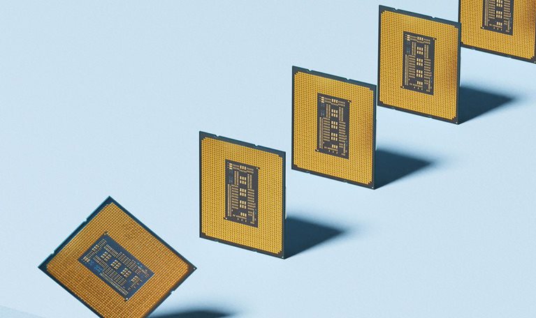 Broken supply chain. Conceptual image showing a lineup of microchips with one falling over the edge, could illustrate concepts around, chip shortage, supply and demand and semiconductor production.