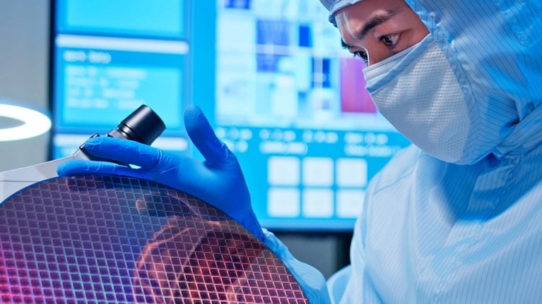 Asian male technician in sterile coverall holds wafer that reflects many different colors with gloves and check it at semiconductor manufacturing plant.