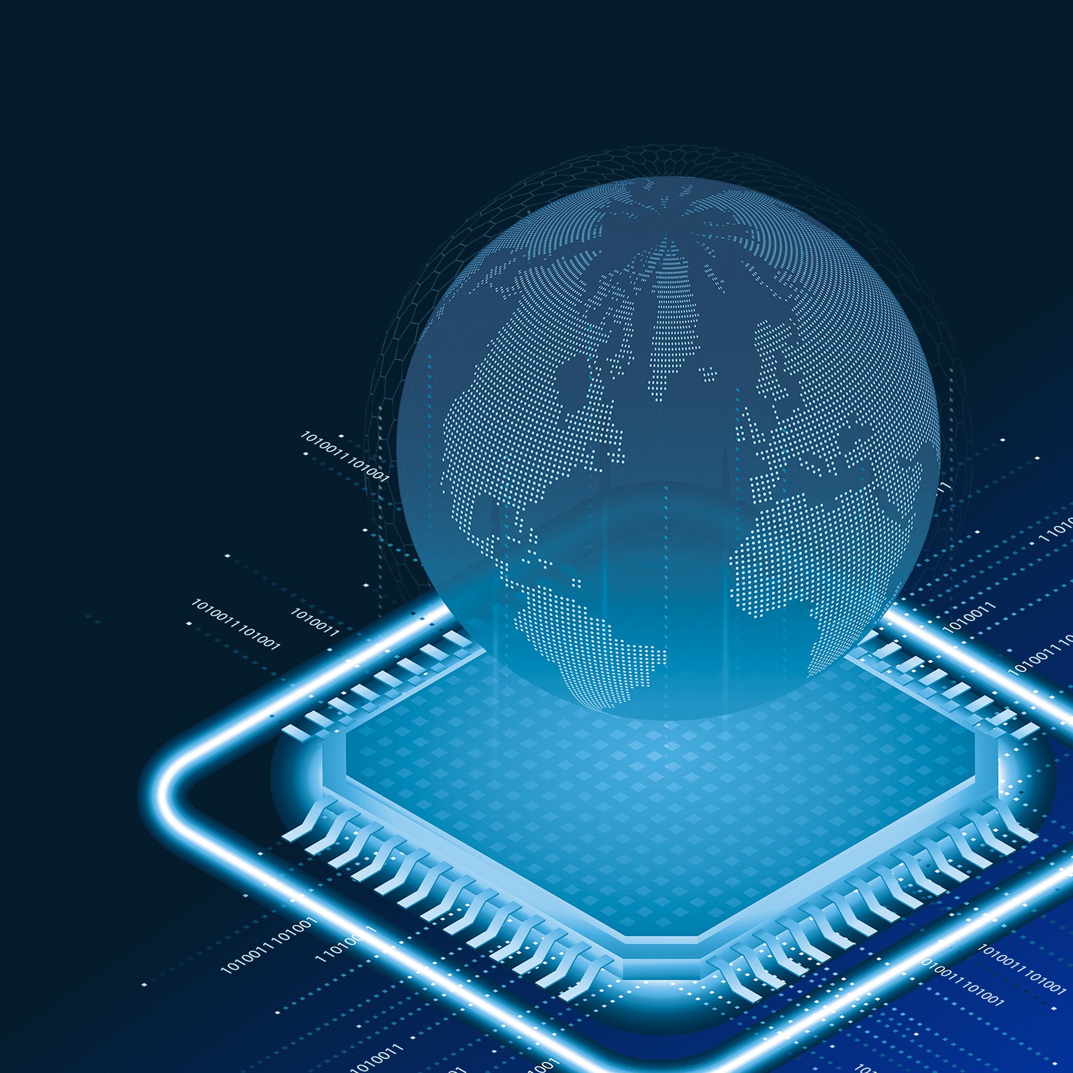 Microchip technology background with data transmission lines Above is the world, concept of development of artificial intelligence or AI around the world. Isothermal image, vector illustration