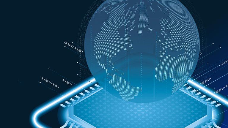 Microchip technology background with data transmission lines Above is the world, concept of development of artificial intelligence or AI around the world. Isothermal image, vector illustration