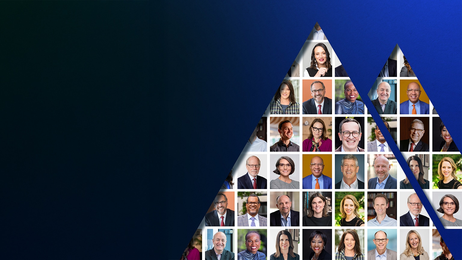 A cutout of two mountain peaks are filled in with thumbnail headshots of 23 men and women. 