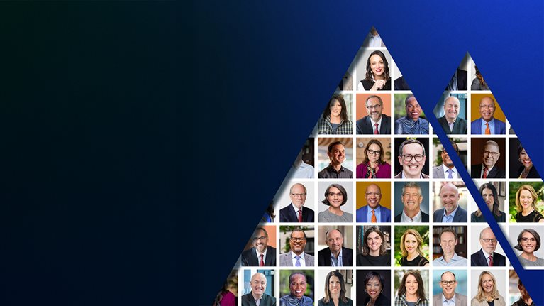 A cutout of two mountain peaks are filled in with thumbnail headshots of 23 men and women.