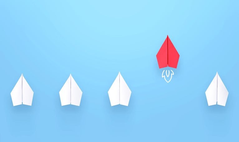 Change concepts with red paper airplane leading among white