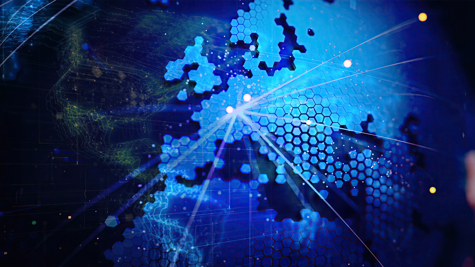 The image appears to show an abstract digital illustration of a map of Europe formed by blue hexagonal tiles with glowing data connection lines and nodes.