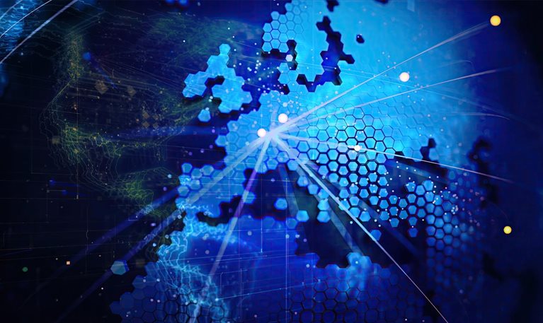 The image appears to show an abstract digital illustration of a map of Europe formed by blue hexagonal tiles with glowing data connection lines and nodes.
