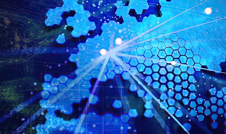 The image appears to show an abstract digital illustration of a map of Europe formed by blue hexagonal tiles with glowing data connection lines and nodes.