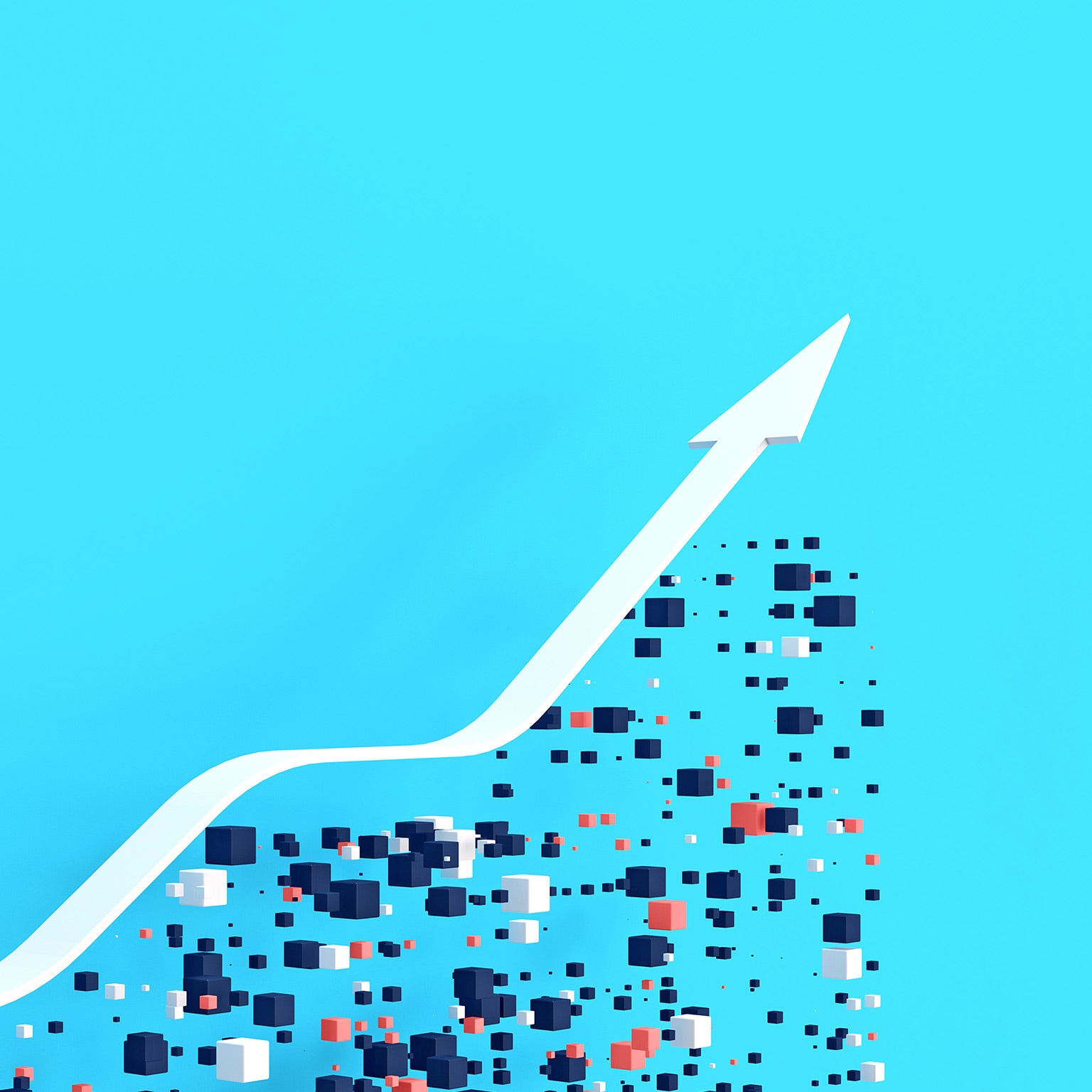 3D illustration of an arrow trending upward above a matrix of different size boxes