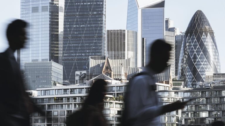 London city workers against high rise office buildings