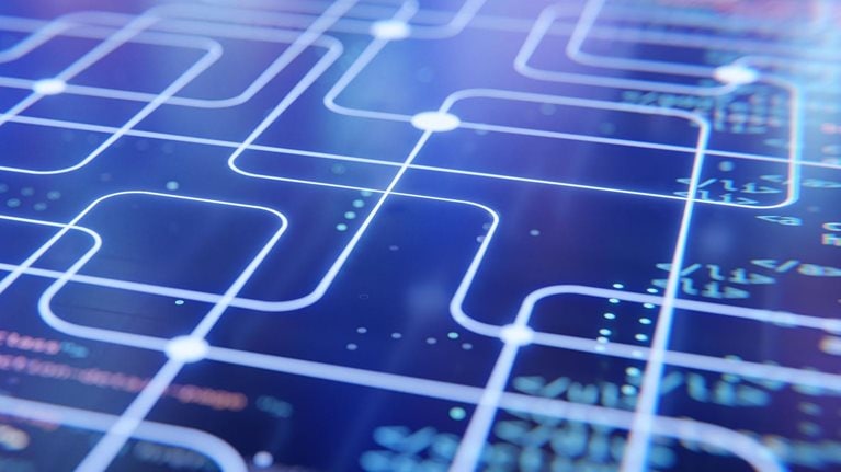 Network, connection concept. Digital background with an abstract lines in style of circuit board and parts of code strings.
