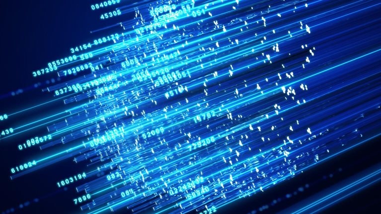 Fiber optics and digital numbers data on a dark blue background. - stock photo