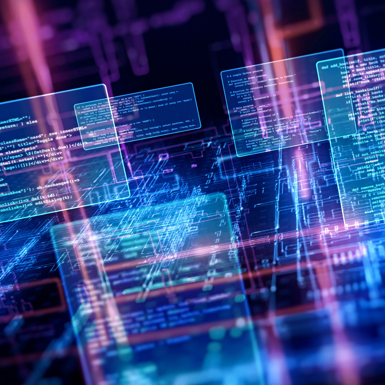 Abstract visualization of floating programming code windows on a glowing cyber grid