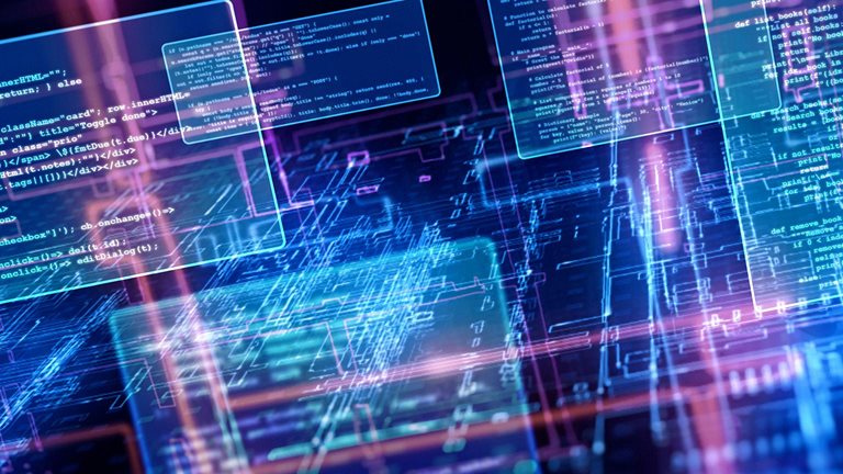 Abstract visualization of floating programming code windows on a glowing cyber grid