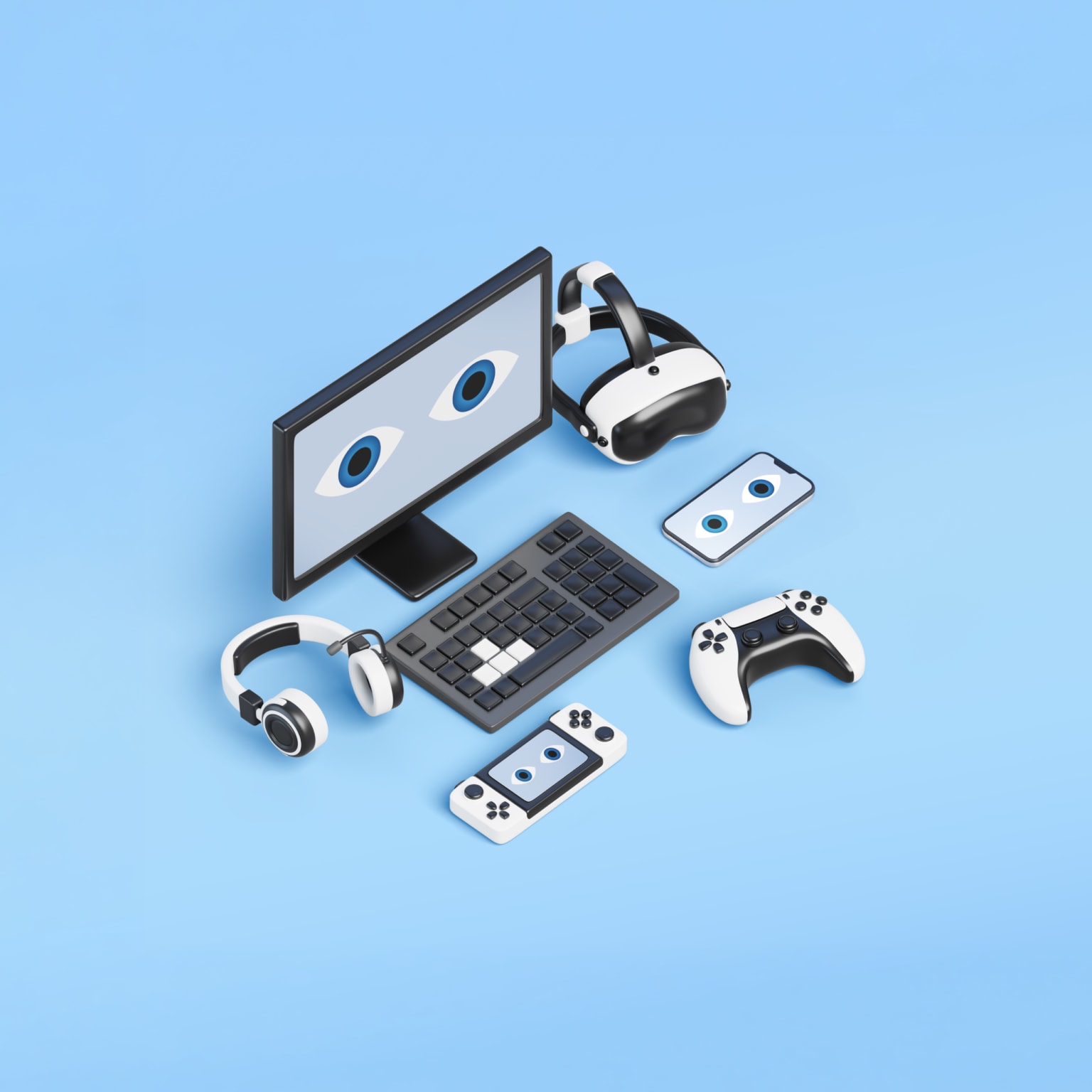 This image is a 3D isometric illustration of a modern gaming setup. It includes the following items: A desktop monitor showing an eye icon. A gaming headset and VR headset. A wireless gamepad and keyboard. A handheld gaming console.