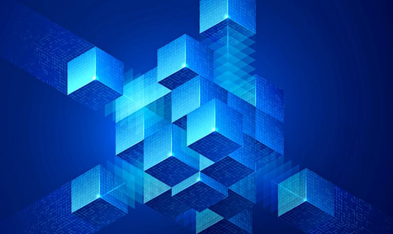 Glowing blue digital cubes form an interconnected three-dimensional network.
