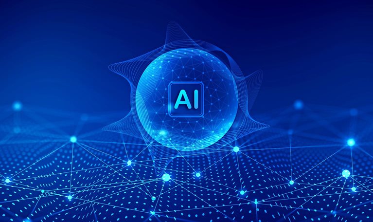 A blue sphere with the letters "AI" in a square on its surface, encircled by delicate wave-like lines. This sphere is positioned above a blue network of connected dots, creating a digital, futuristic aesthetic.