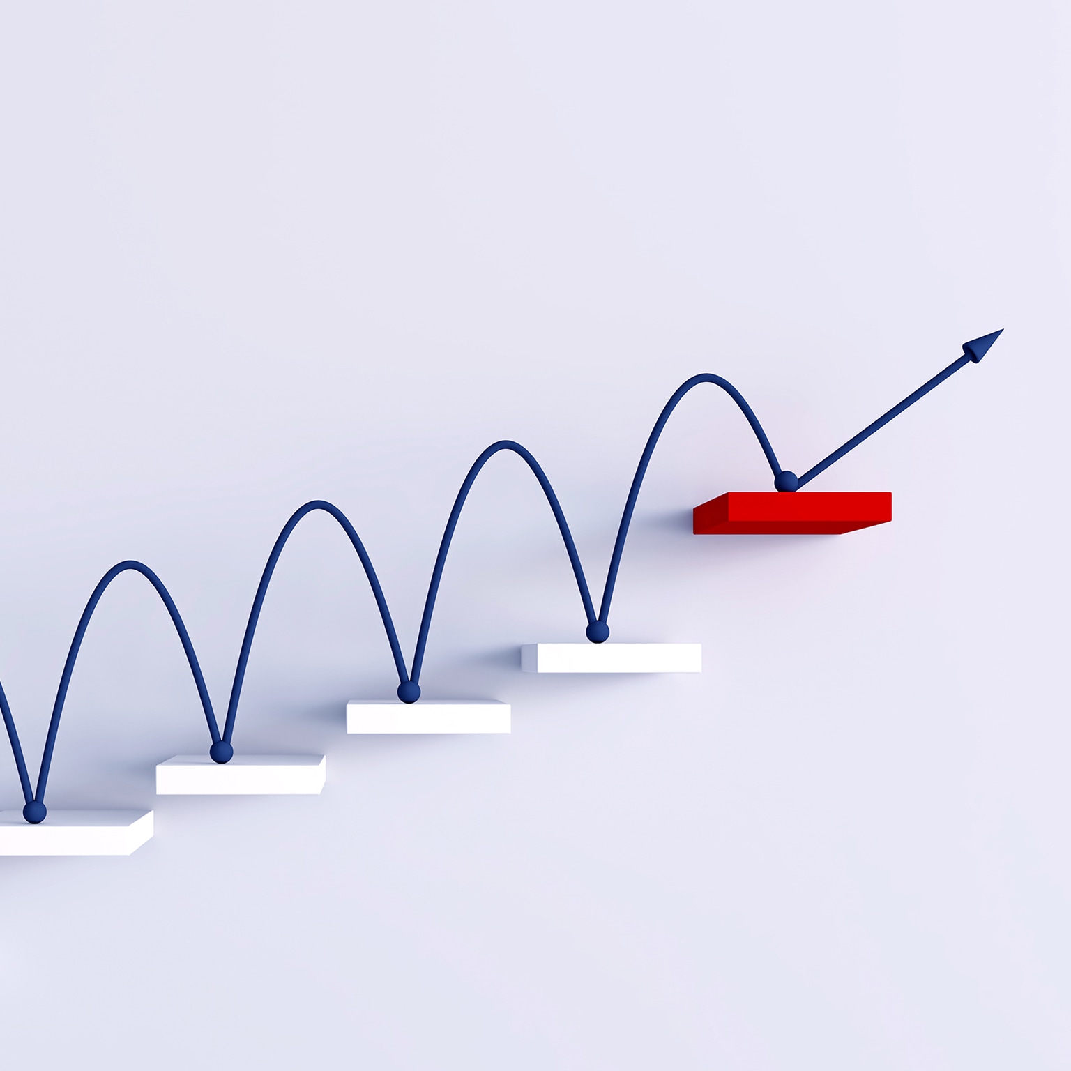 A blue line bouncing upward across a series of ascending white platforms, ending on a red platform with an arrow pointing upward
