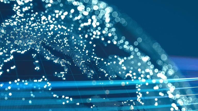 This image is a digital representation of global network technology, often used to visualize big data or internet connectivity. It features a futuristic, AI-generated illustration of a globe rendered with dots and lines.