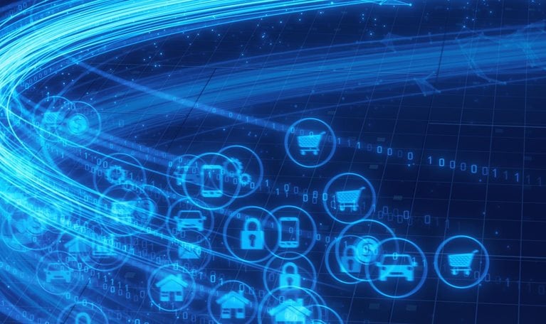 Abstract image of network structure changing to particle data, plexus, binary, and GUI applications.