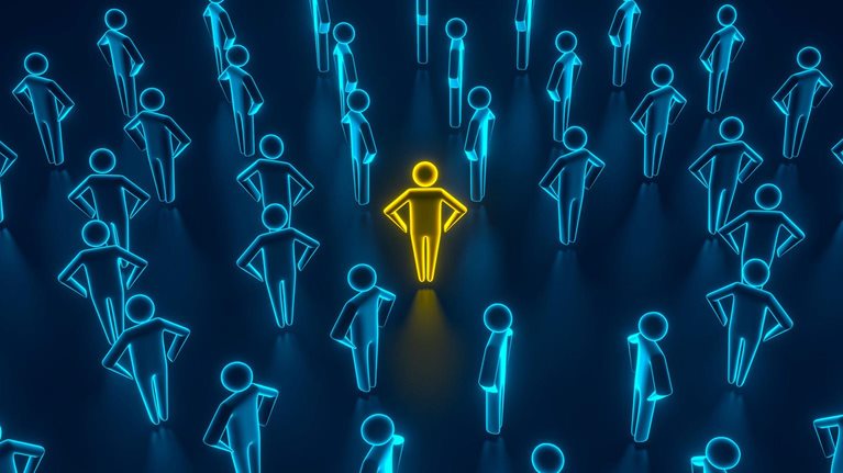 3D illustration of a leader standing in the middle of a successful team of workers