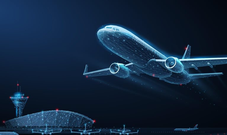Takeoff of an airplane with an airport in background. - stock illustration