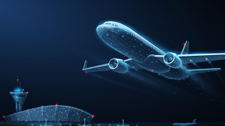 Takeoff of an airplane with an airport in background. - stock illustration