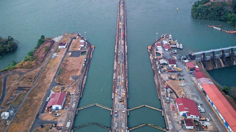 Aerial view of the Miraflores Locks on the Panama Canal