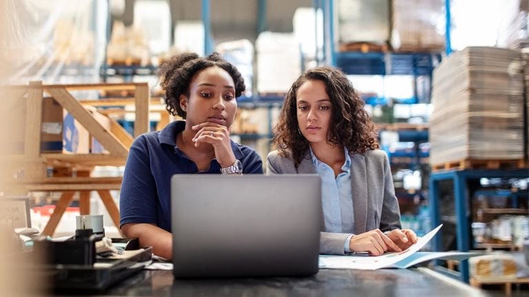 Female factory worker with supervisor working on laptop - stock photo