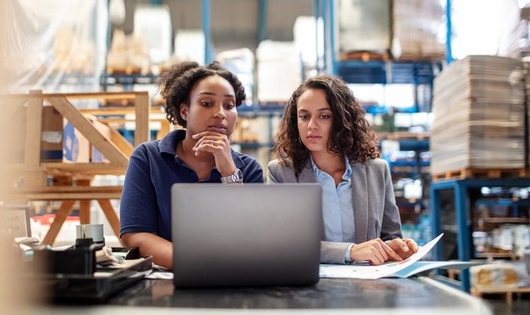 Female factory worker with supervisor working on laptop - stock photo