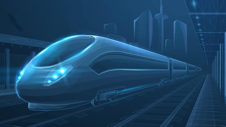 Fast express passenger train at city station - stock illustration