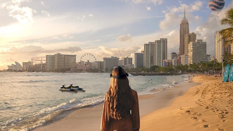 metaverse view of woman standing on beach, looking at city - illustration