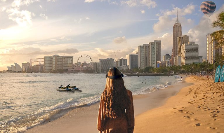 metaverse view of woman standing on beach, looking at city - illustration